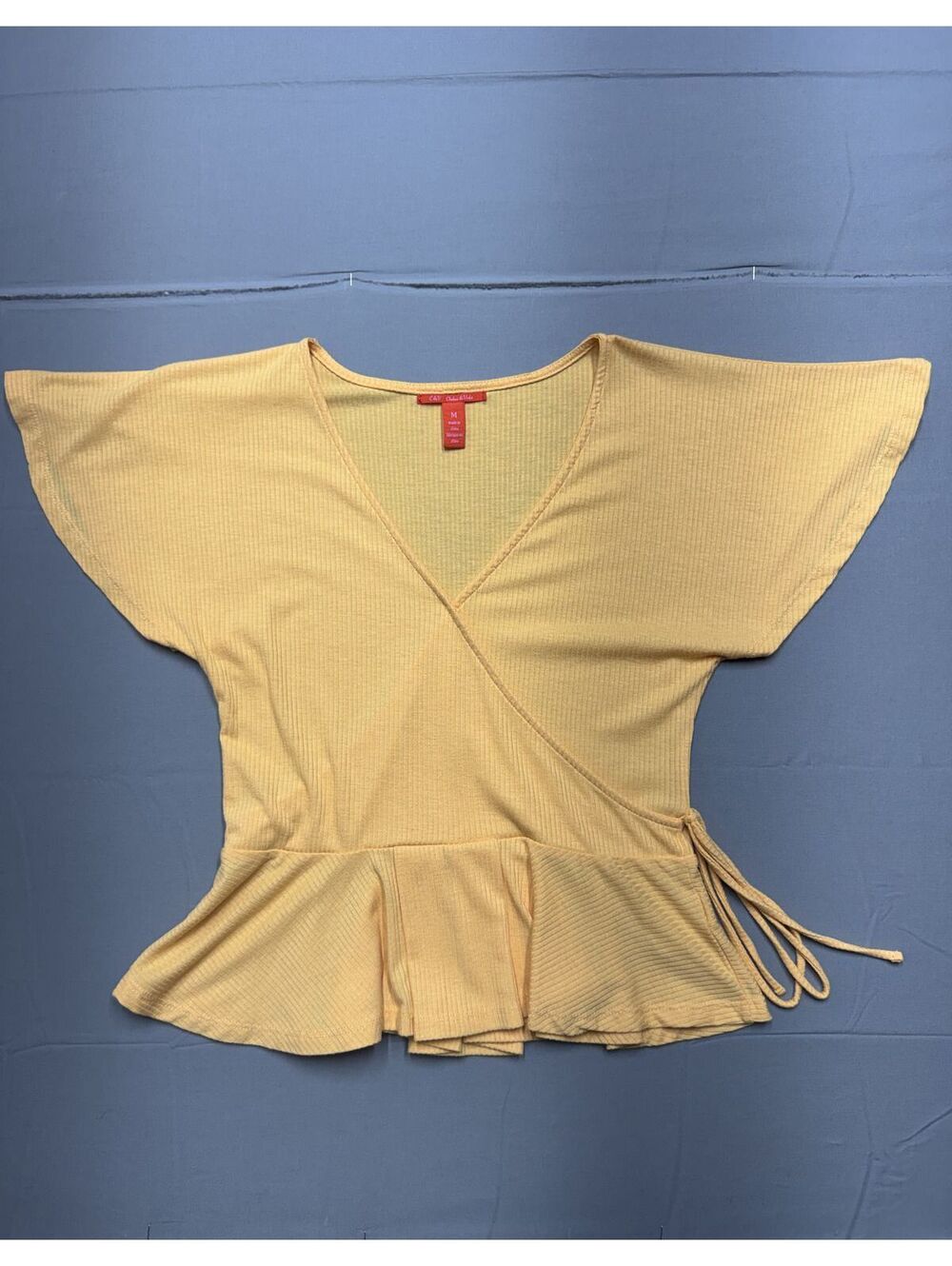 Chelsea & Violet Women M Yellow Ribbed Wrap Top Peplum Short Sleeve V-Neck